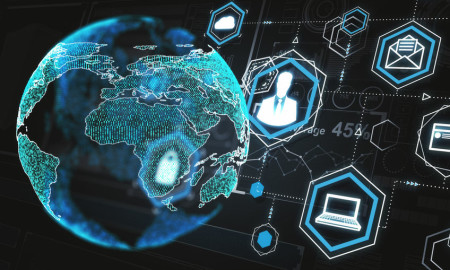 Internet of things (IOT), devices and connectivity concepts with blue digital planet Earth. Global cyberspace concept. 3D rendering