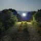 Man walking on road with flash light at night under the moon close the Adriatic Sea in Croatia. Calm, peaceful and mystical image.