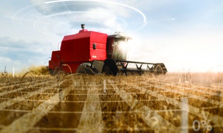 Harvest wheat tractor picking future concept.