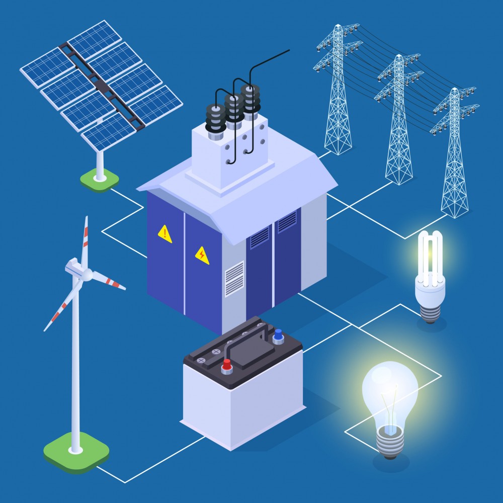 Electric power isometric vector concept with energy generator and solar panels. Illustration of generator power, energy solar